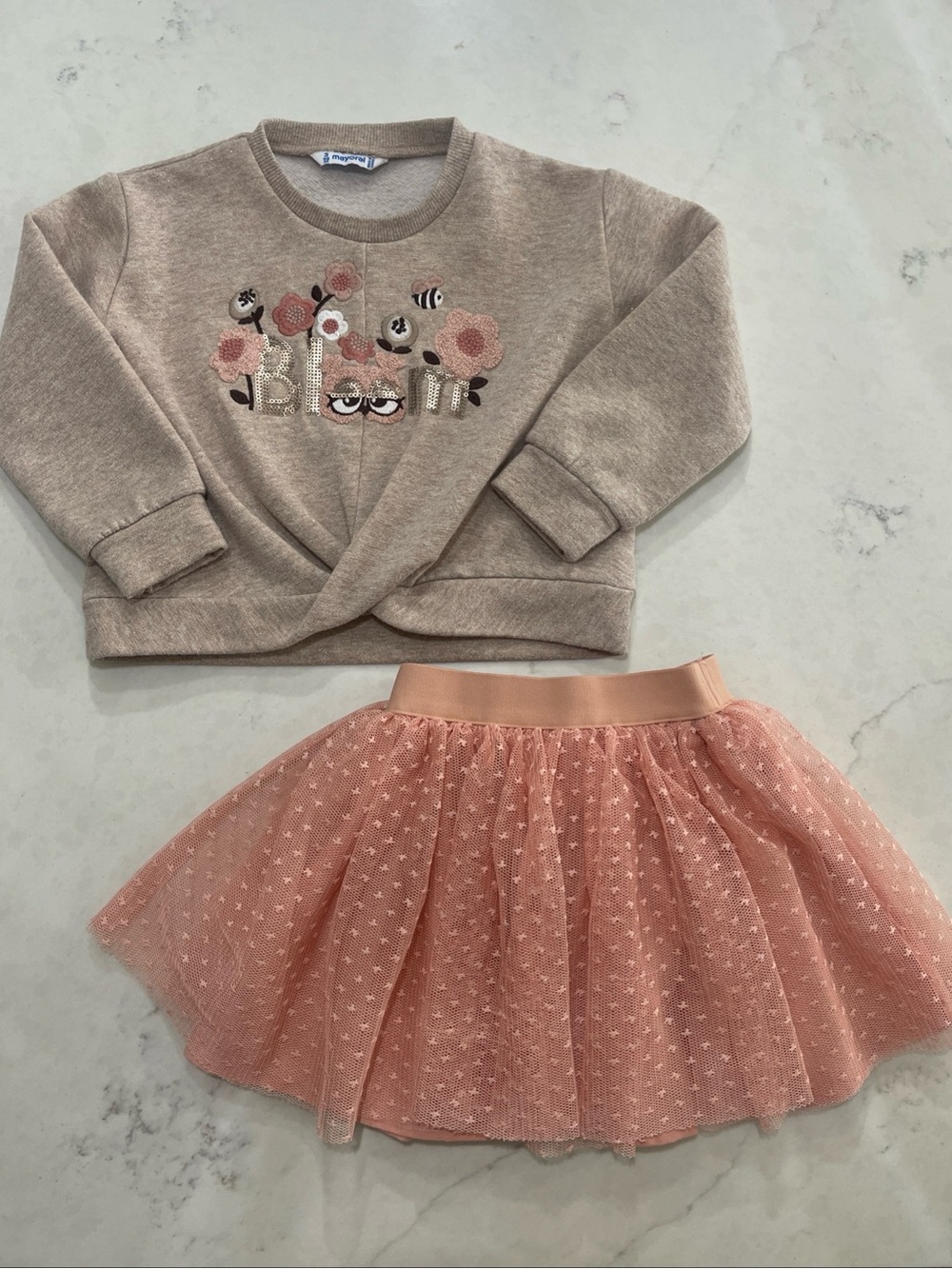Mayoral Beige Embroidered Sweatshirt with Peach Tulle Skirt Set